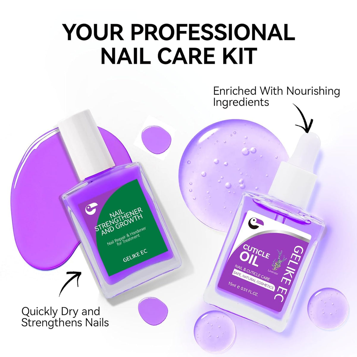 Gelike EC Nail Kit for Beginners: Purple Easy-Use nail polish strengthener & Lavender Oil for Thin