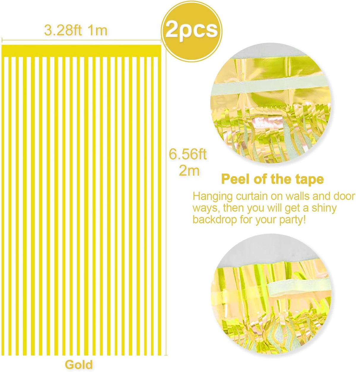 Metallic Gold Tinsel Foil Fringe Curtains Backdrop, 2 Pcs 3.28 ft x 6.56 ft Streamers for Birthday