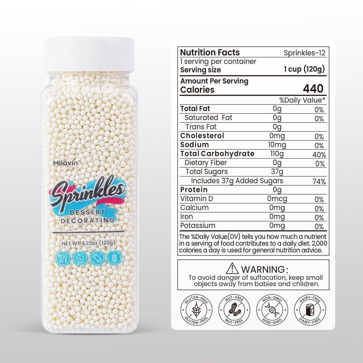 White Nonpareils Sprinkles, Edible 2mm Pearl, White Sprinkles for Cake Decorating, Cake Pops