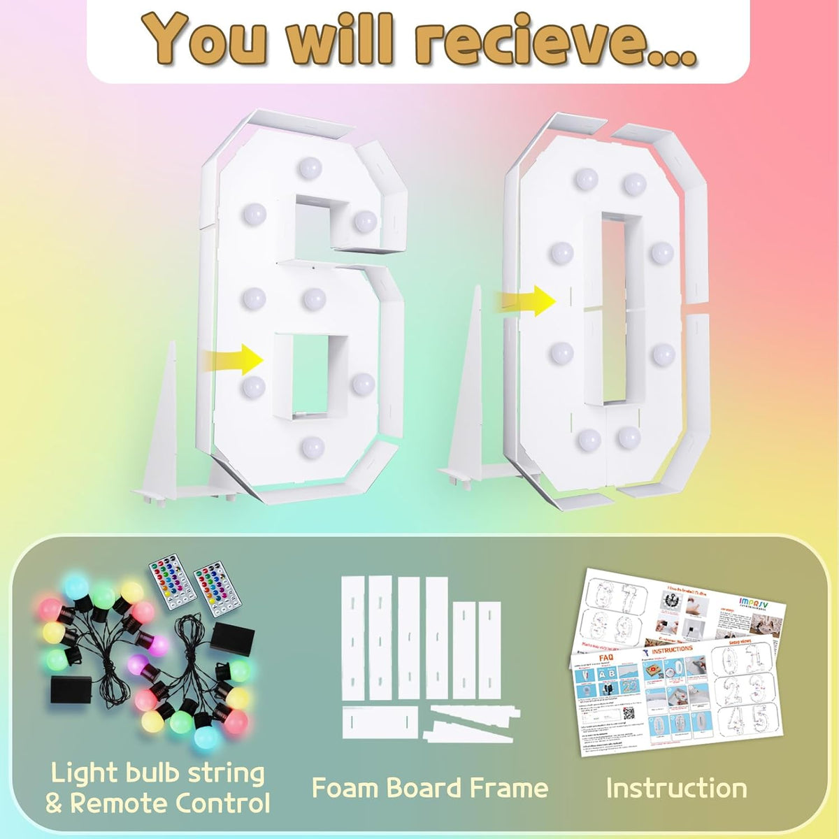 Marquee Numbers Colorful 60th-Birthday Decoration: 4FT Large Light Up 60 Year Old Birthday