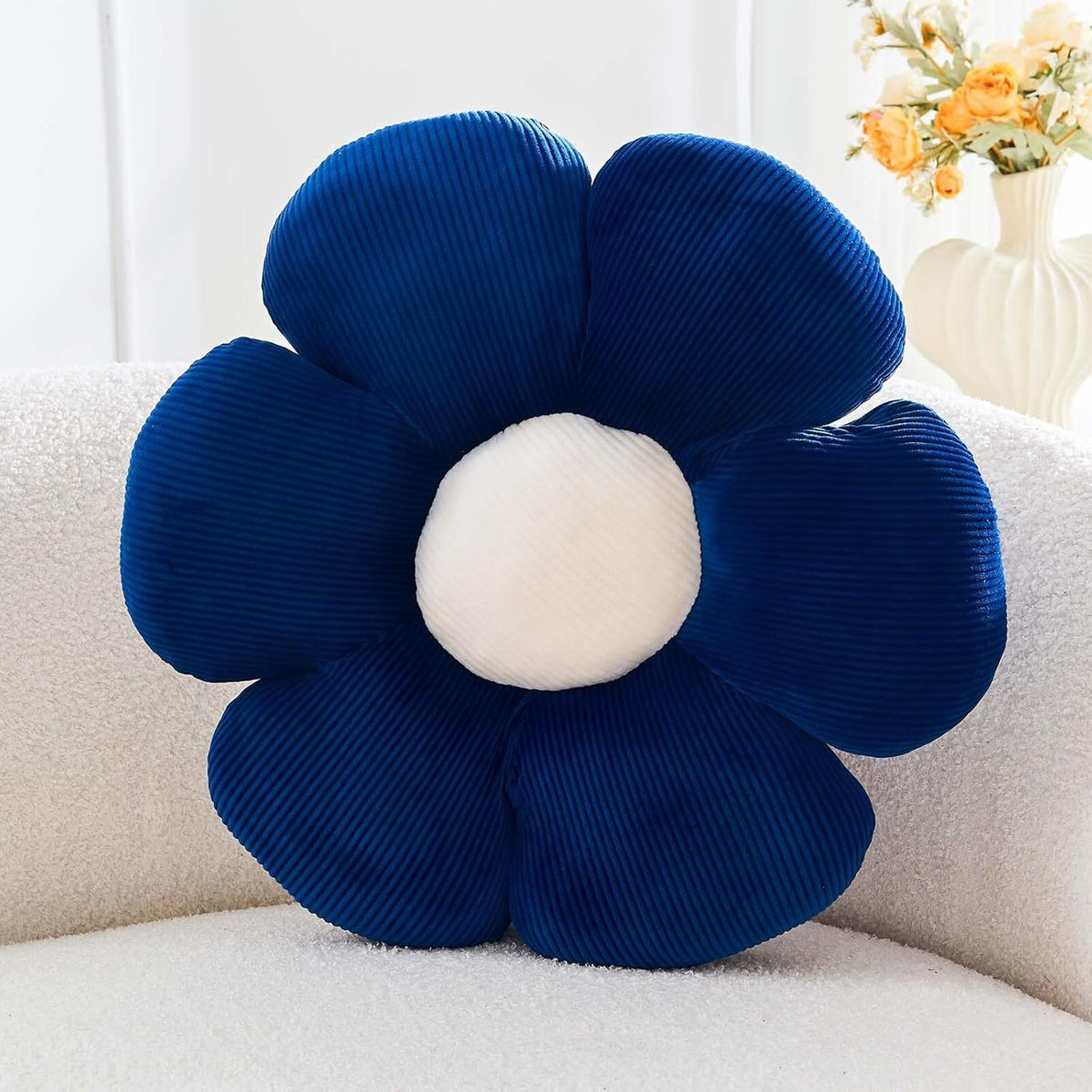 Navy Flower Pillow, 17.7" Cute Flower Shaped Floor Pillow, Aesthetic Floral Plush Daisy Decorative