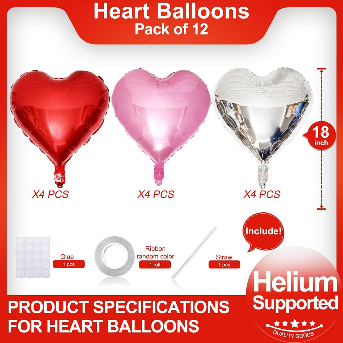Red Heart Shaped balloons Pack of 12,18 Inch Silver Love Valentine Balloons Pink Heart Romantic