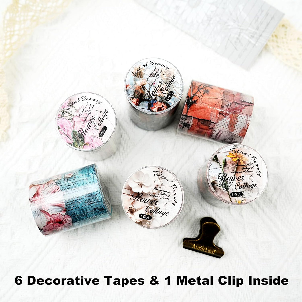 Vintage Floral Washi Tape Set ??6 Rolls, 2M Non-Repeating Flower Collage Designs, Decorative Craft
