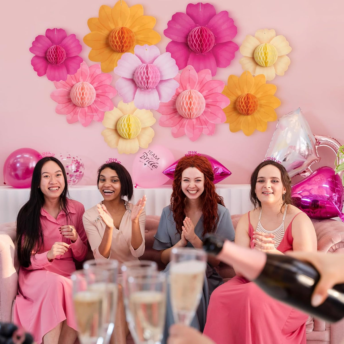 SUNBEAUTY 9 PCS Hot Pink and Orange Party Decorations Fall Large Hanging Paper Flowers Honeycomb