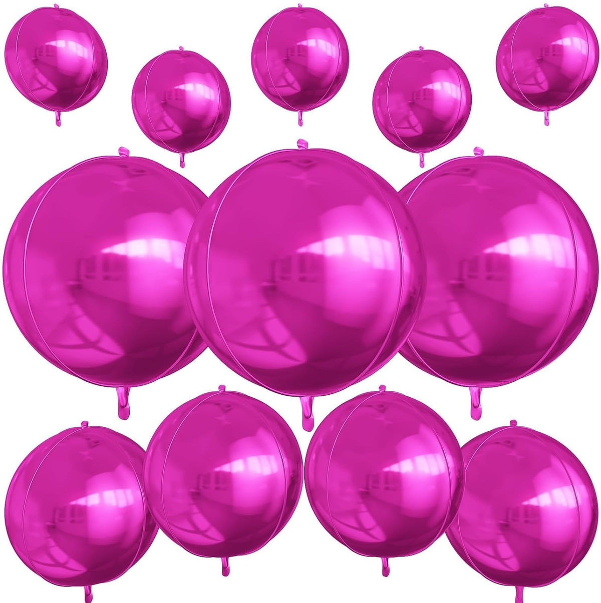 12Pcs Hot Pink Round Foil Balloons, 22" 15" 10" 4D Helium Ball Balloon, Metallic Pink Foil Balloon