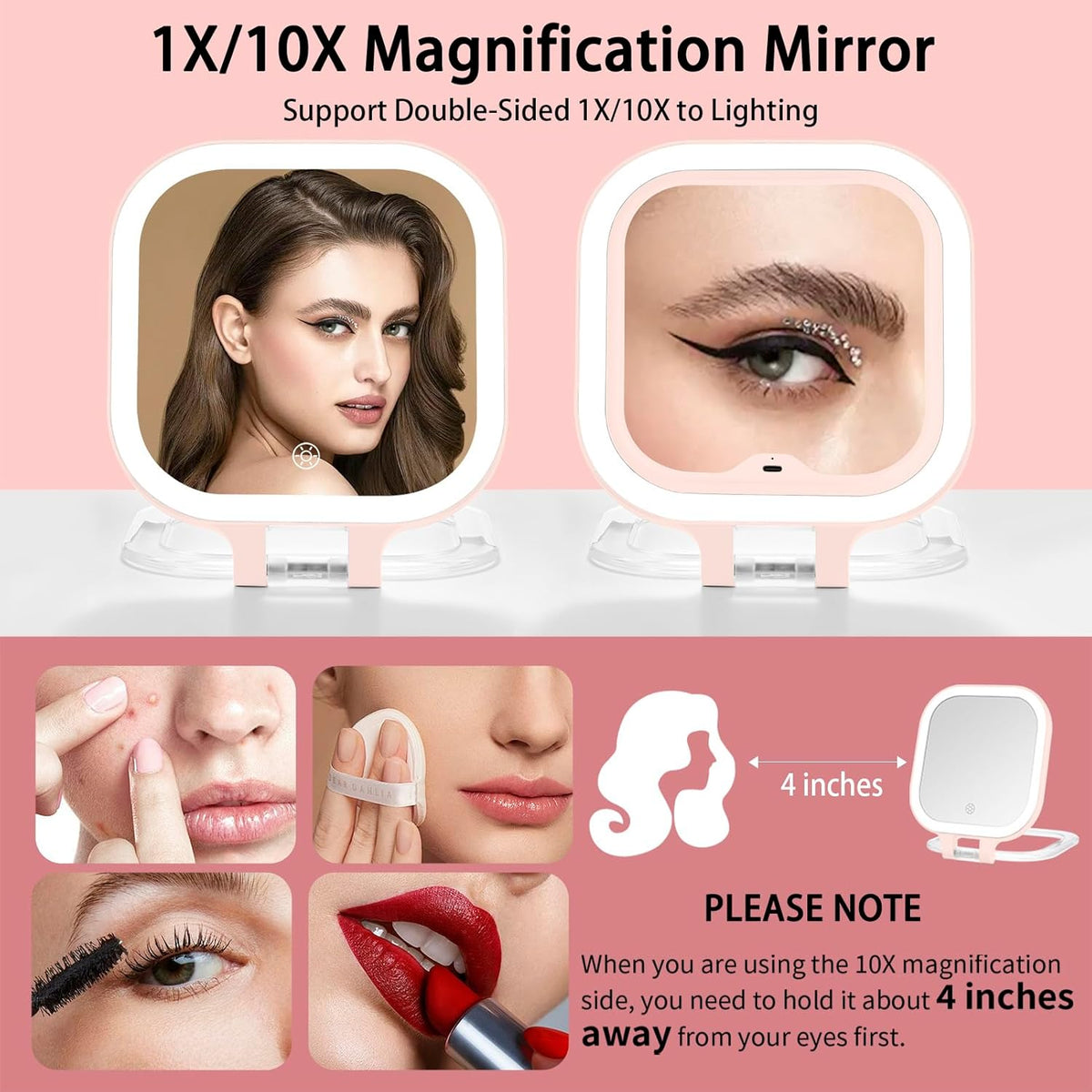 DESCHEN Rechargeable Travel Makeup Vanity Mirror with Lights and Magnification, Portable 1X/10X