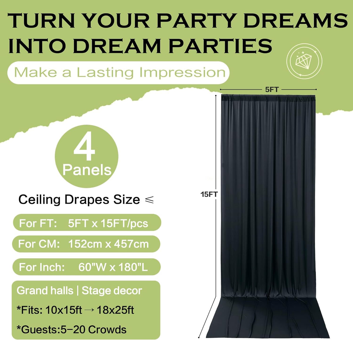 PartyVillage 20ft×15ft Black Backdrop Curtain for Halloween Parties, 4 Panels Wrinkle Free 15 FT