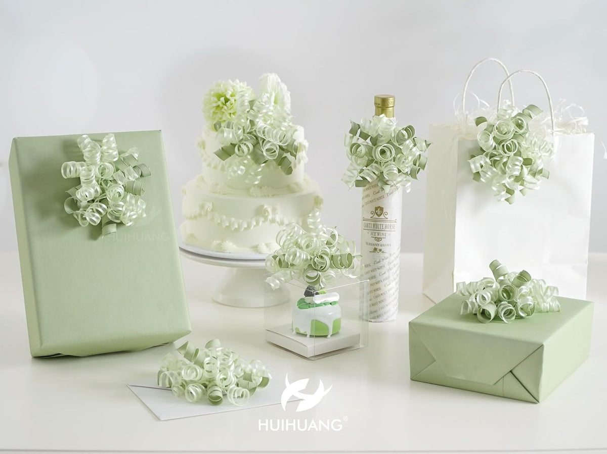HUIHUANG Green Bows for Gift Wrapping Sage Green Gift Bows 5 inch x 8 Counts Self-Adhesive Curly