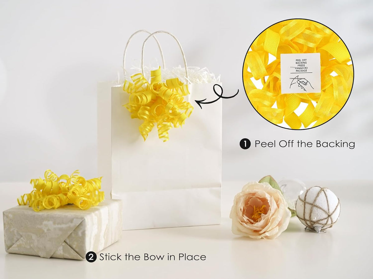 HUIHUANG Yellow Present Bows Gift Wrap Accessory Curly Ribbon Gift Bows 5 inch x 8 Counts Stick On