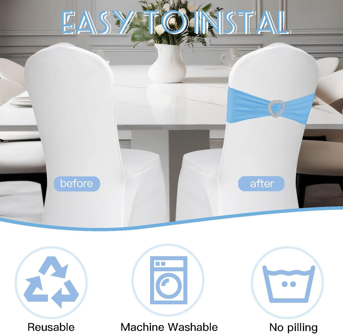 100 Pack Spandex Stretch Blue Chair Sashes Bows Universal Elastic Light Blue Chair Cover Bands Ties