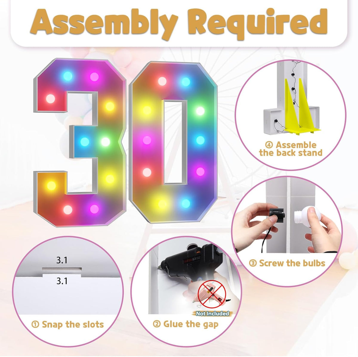 Marquee Numbers Colorful 30th-Birthday Decoration: 4FT Large Light Up 30 Year Old Birthday