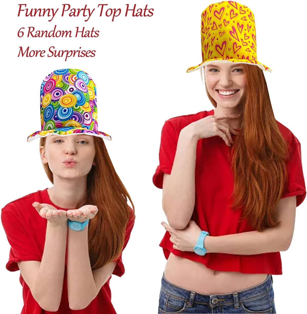 6 Assorted Pattern Funny Party Top Hats - Novelty Crazy Hats - Dress Up Costume Hats - Photo Booth