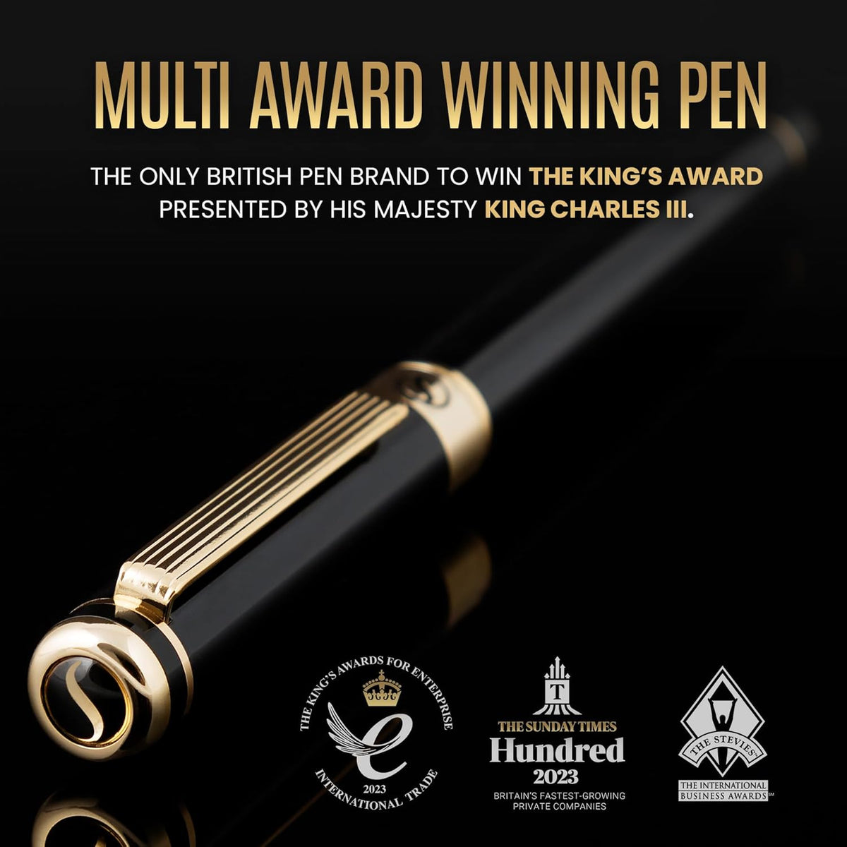 Scriveiner Black Lacquer Fountain Pen - Stunning Luxury Pen, Real Gold Finish, Schmidt Gilded Nib