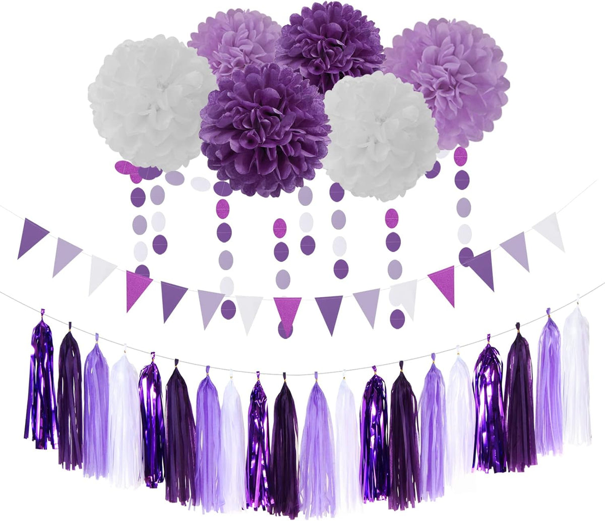 Purple White Lavender Party-Decorations Streamers - 28pcs Tissue Pom Poms,Women Girl Birthday