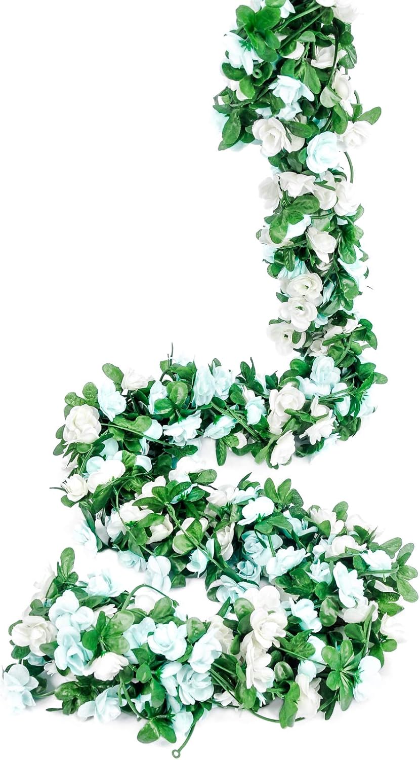 Miracliy 9Pcs 74FT Blue and White Flower Garland Artificial Rose Arch Vines Fake Spring Floral