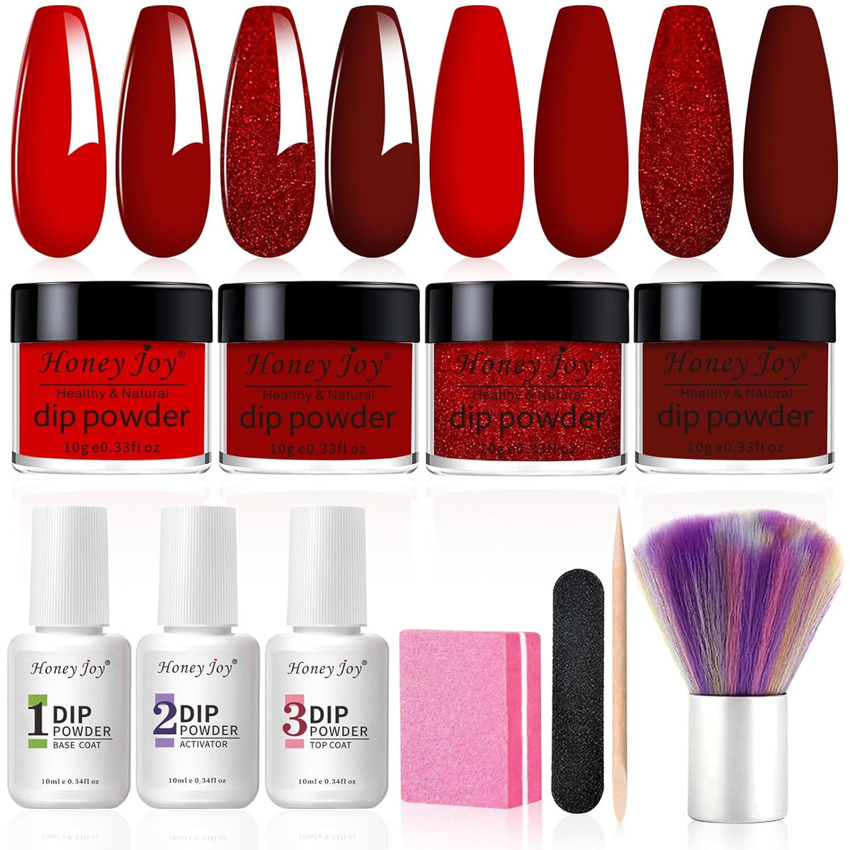 Honey Joy Dip Powder Nail Kit Starter,4 Colors Wine Red Glitter Dark Barn Red Dipping Powder Liquid
