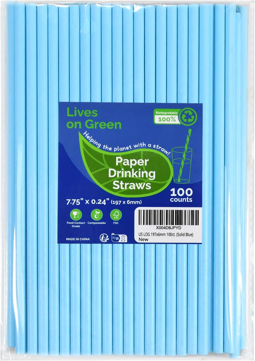 7.75'' x 0.24'' Disposable Solid Blue Unwrapped Paper Straws for Drinking 100 Counts - for