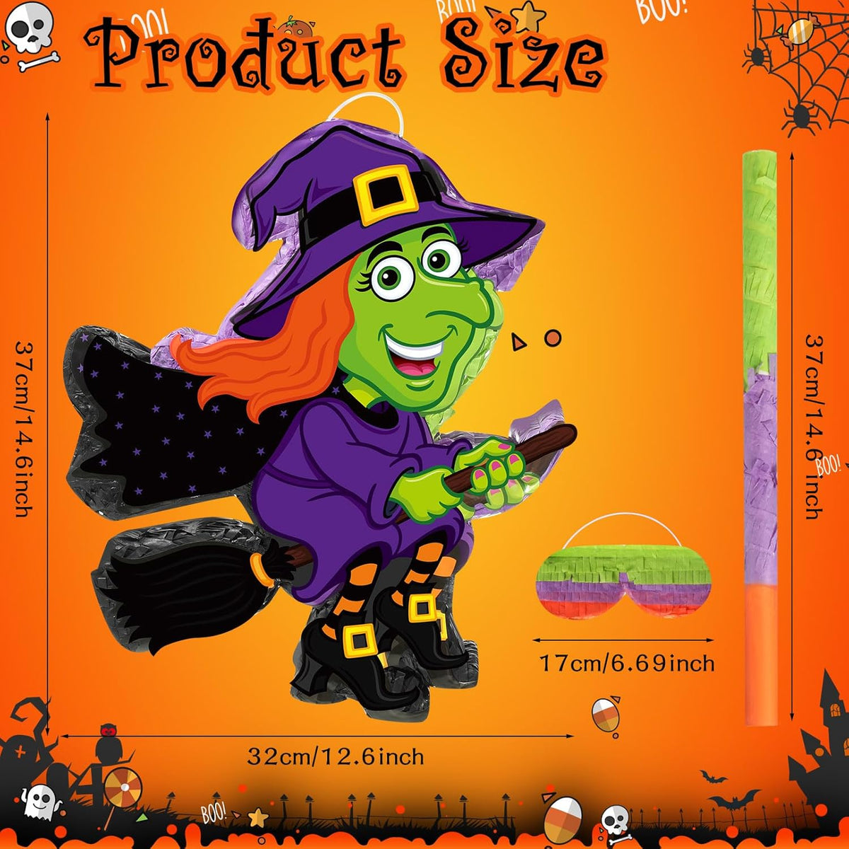 Aoriher Halloween Witch Piñata Halloween Decoration Piñata with Stick Blindfold Candy Filled Piñata