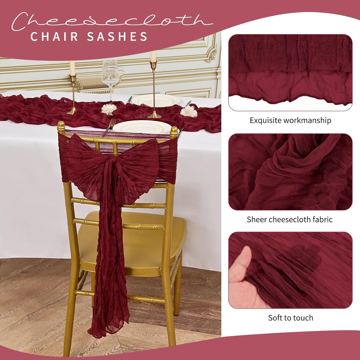 50 PCS Cheesecloth Chair Sashes, Bows Designed ChairSashes, 15.7x108 inch Chair Sashes for Aisle