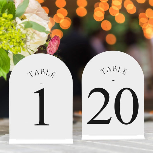 JOYIT Arch Wedding Table Numbers 1-20 with Stands – Double-Sided Printed 5" X 7" Acrylic Signs with
