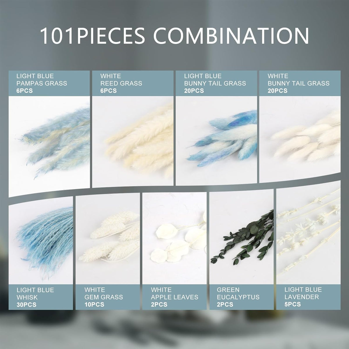 N&T NETING 101Pcs Blue Pampas Grass Decor Natural Dried Floral Pampas Grass Light Blue Boho Pampas