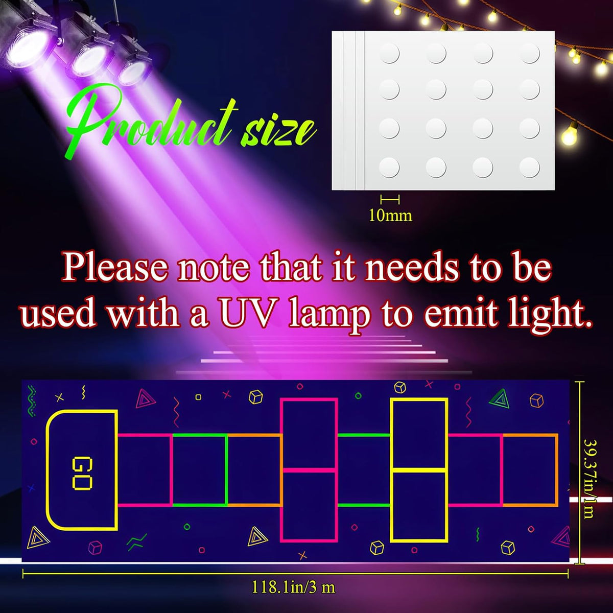 Haull 118 x 39 Inch Neon Light up Dance Floor Glow in The Dark Runner UV Reactive Blacklight Floor