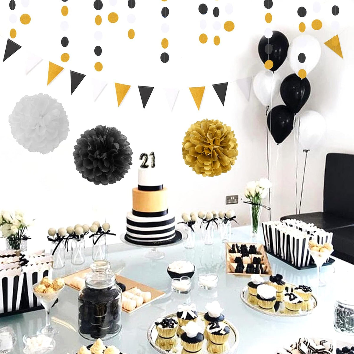 Black Gold Graduation Party Decorations - 23pcs Kits Farewell Tissue Pom Poms Flowers,Streamers