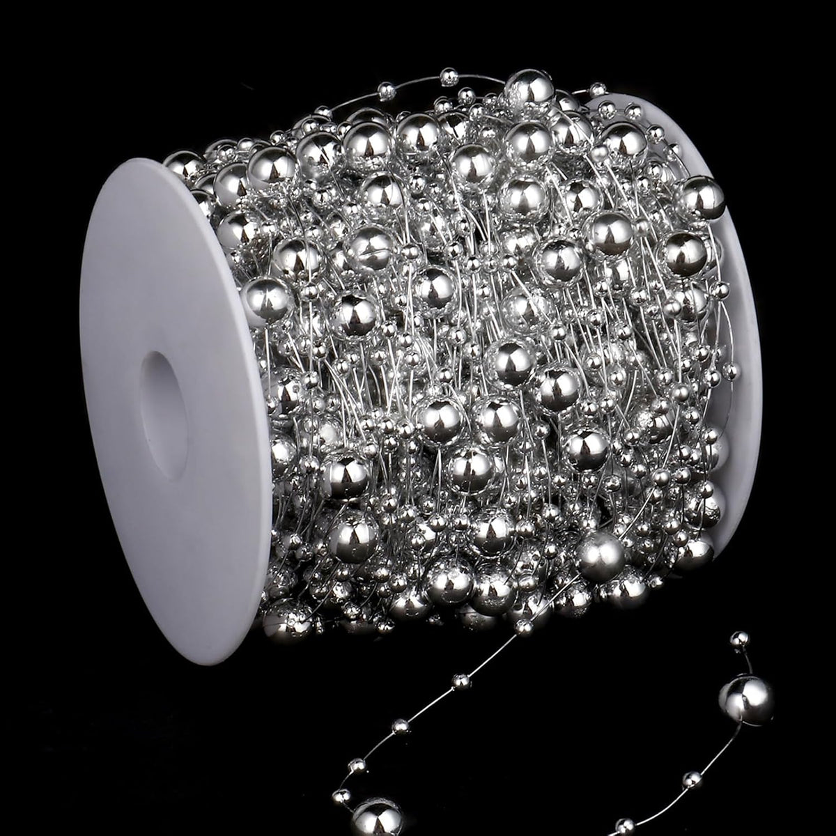 98FT Pearl Beads String Garland, 8mm 3mm Silver Faux Pearl Beads Roll Strand Bulk for Wedding Party