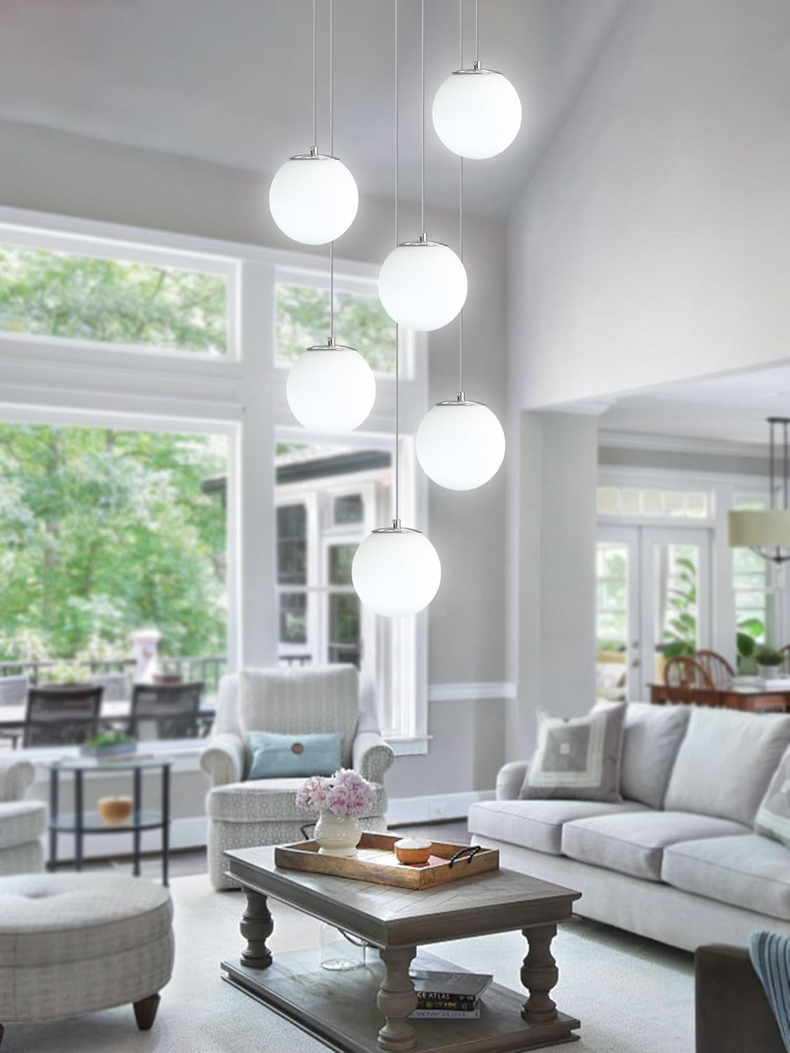 H 87in Globe Pendant Light 6-Lights Modern Hanging Chandelier for Kitchen Island Silver Globe