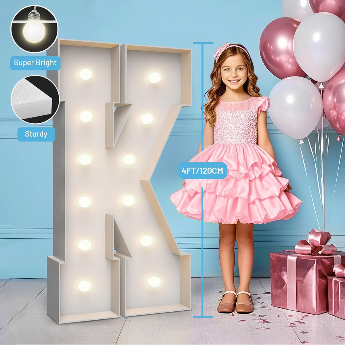 4FT Marquee Light Up Letters K,Party Decoration Large Marquee Light Up Letters with Weighted Water