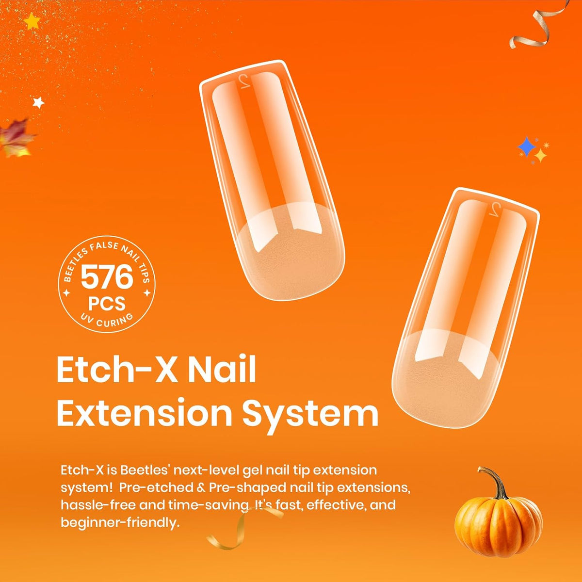 Beetles Nail Tips Medium Square 576Pcs 12 Sizes - Pre-Etched Soft Acrylic Nail Tips Half Matte