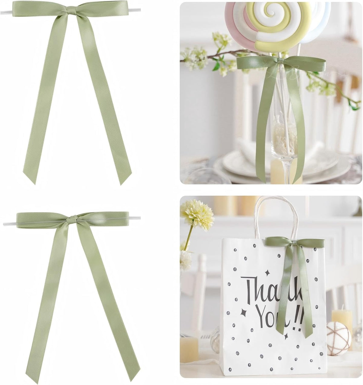 50 PCs Sage Green Bow 5 Inch Long Tail Bows for Gift Wrapping, Wedding Bow Party Decorations, Twist