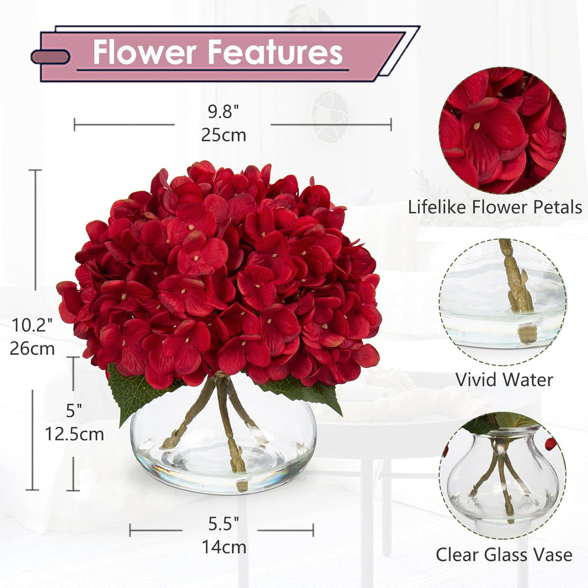 Hollyone Hydrangea Artificial Flowers in Vase Red Silk Fall Fake Flowers Arrangements with Glass