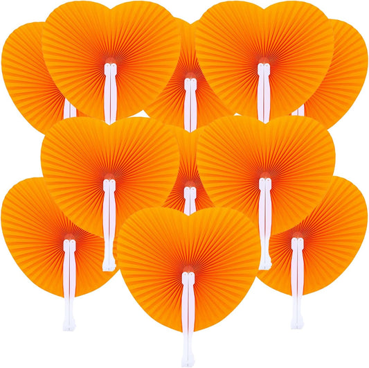 12 Packs Decorative Paper Folding Hand Fans Handheld,Orange Heart Foldable Wedding Fans Chinese and