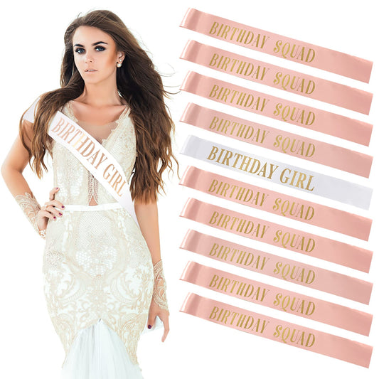 Weewooday 10 Pcs Birthday Squad Sash Set 9 Pink 1 White Birthday Group Sash Funny Party Decorations