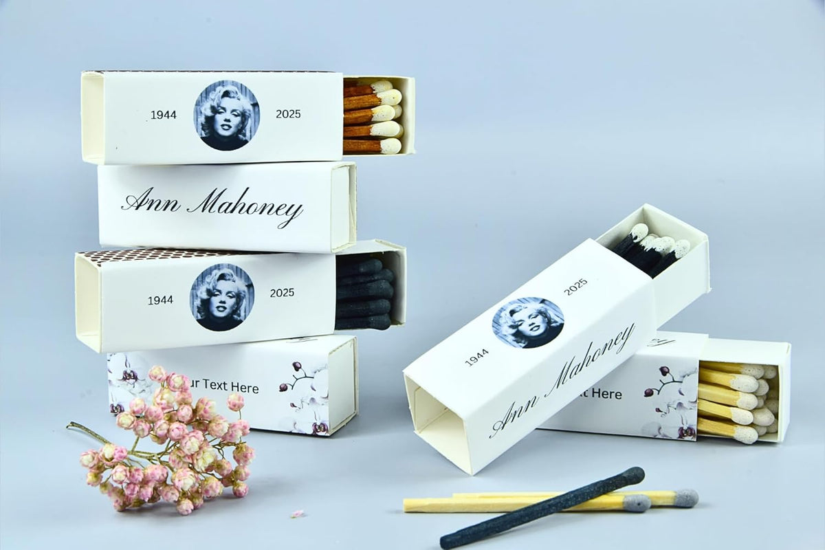 Customizable Funeral Matchboxes – Set of 10 – Memorial Design – Colorful Matchsticks – Perfect for