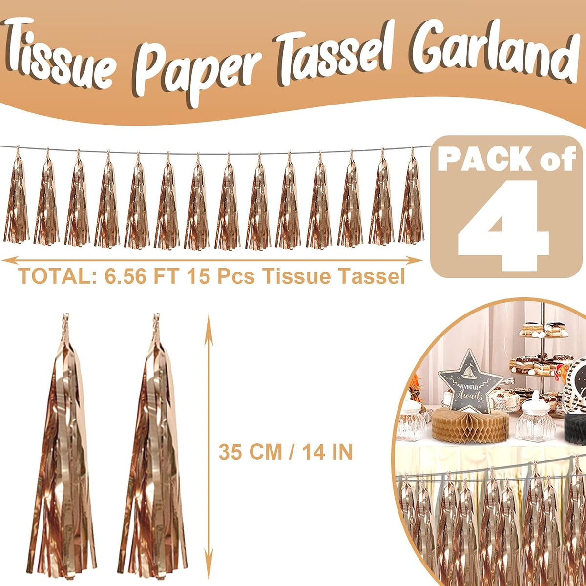 4P Champagne Gold Foil Fringe Metallic Streamers Banner Tassel Garland for Parade Floats