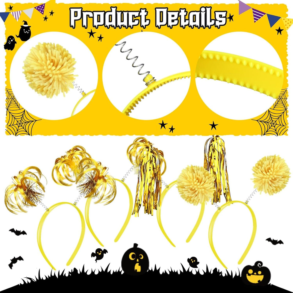 Censen 12 Pcs Halloween Pom Pom Party Headbands Tinsel Ponytails Spirit Head Bopper Headwear for