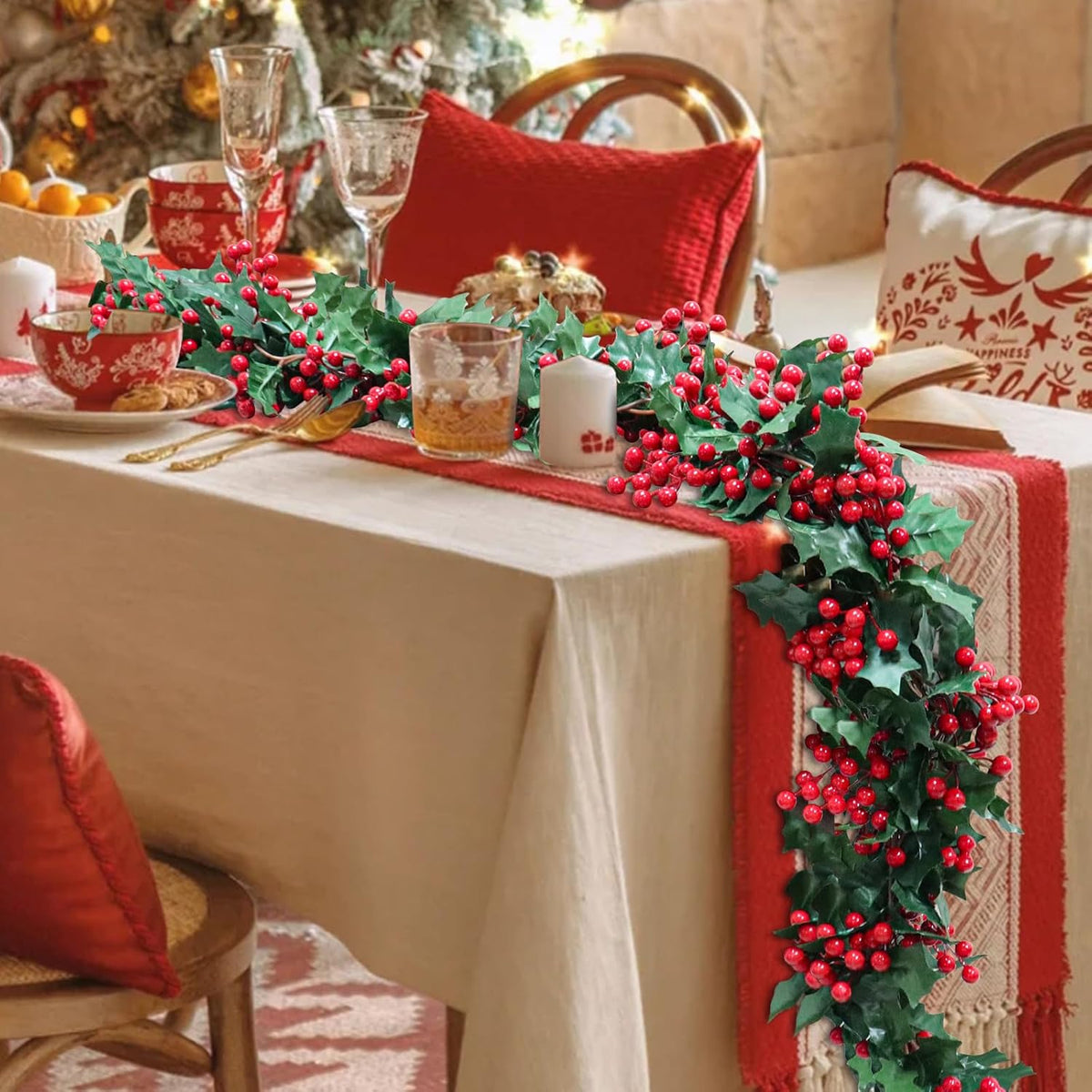 Uguisu 5.6ft Red Artificial Christmas Garland,Eucalyptus Green Garland with Berry Flower