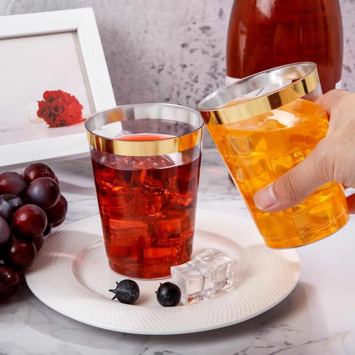 DaYammi 200 Pack Gold Plastic Cups 10 Oz Clear Plastic Cups Gold Rimmed Disposable Wine Glasses