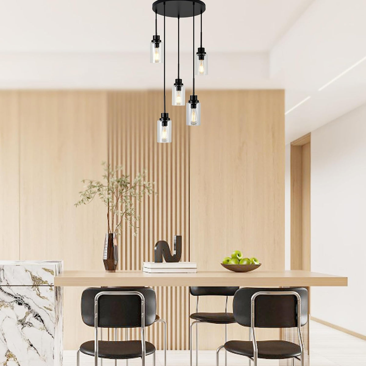 5-Light Kitchen Island Dimmable Pendant Lights with Clear Glass Shade, Black Finish for Dinning
