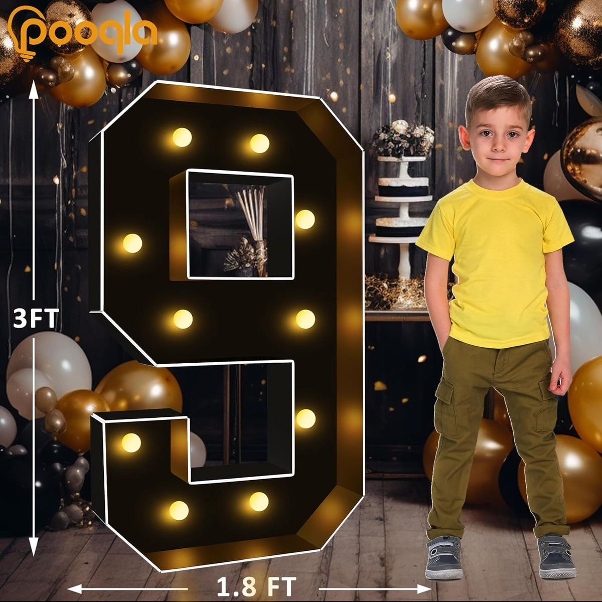 Pooqla 3 FT Light Up Marquee Numbers, Black Marquee Number Lights 3 Feet Tall for 9th 19th 90th