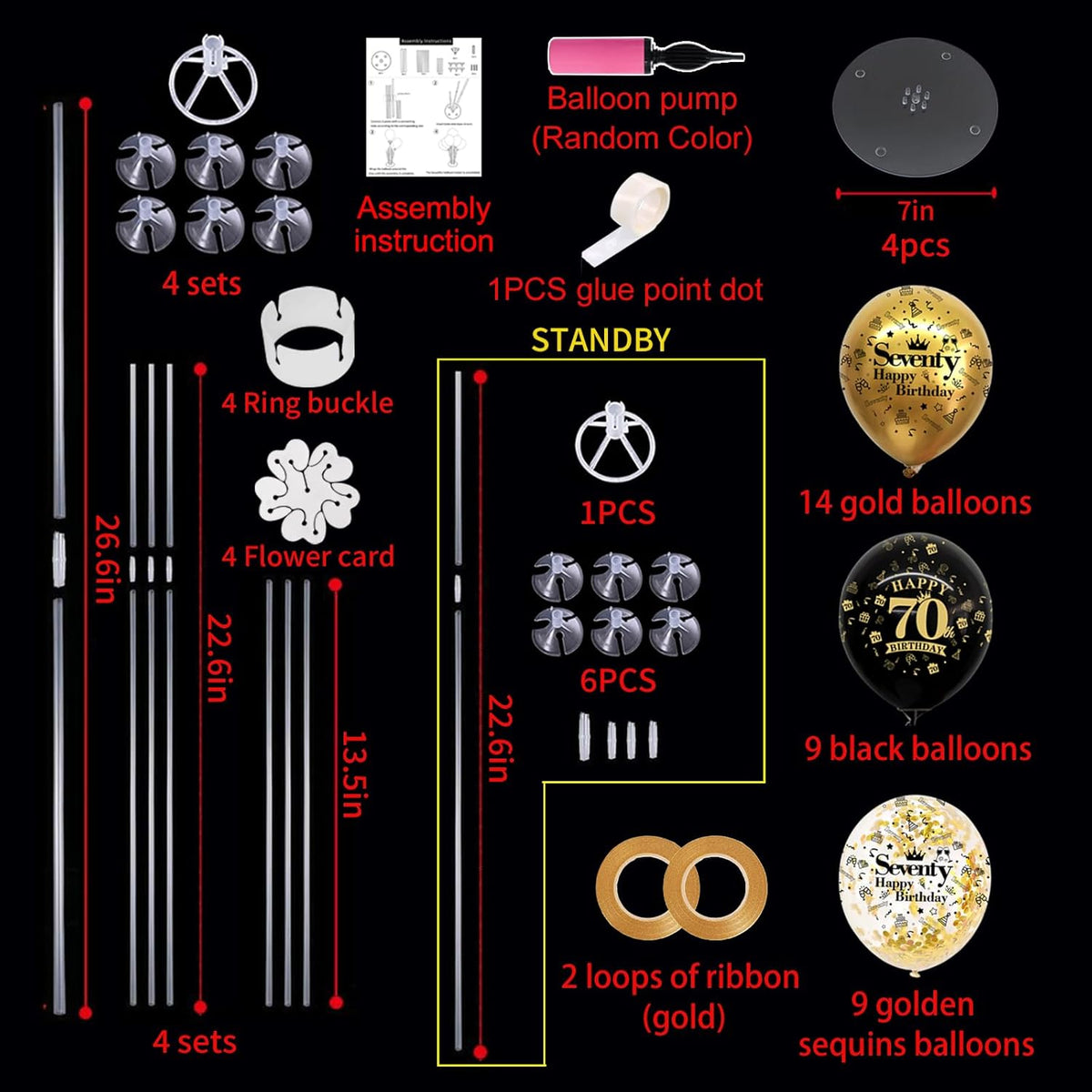 TONIFUL 4 Set Black Gold Balloon Stand Kit for Birthday Decorations for 70th,Balloon Centerpieces