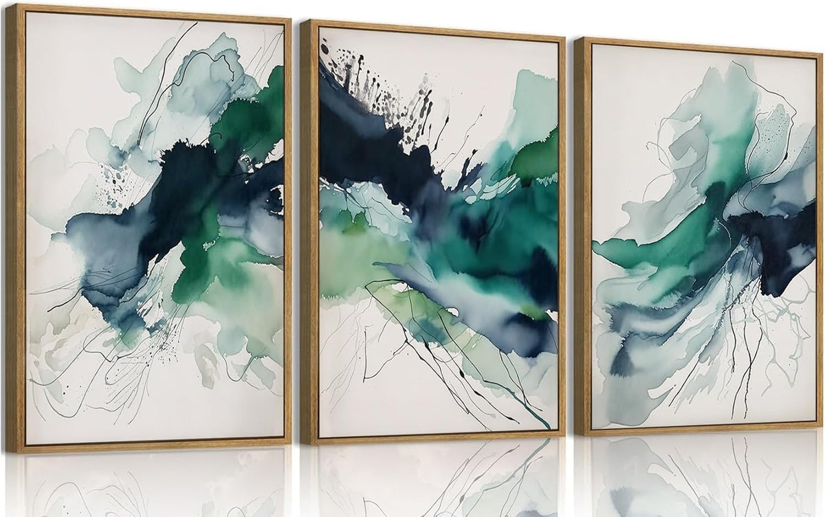 myusuar 3 Piece Large Abstract Framed Wall Art For Living Room, Smoke Texture Ink Emerald Green