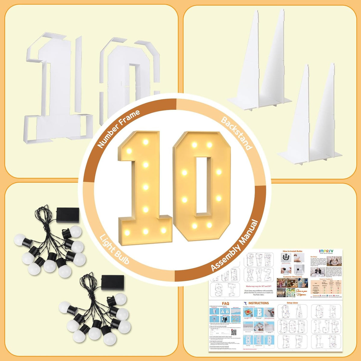 Imprsv 3FT Light Up Numbers, Marquee 10th Birthday Decorations for Girls Boys, Large Light Up 10th