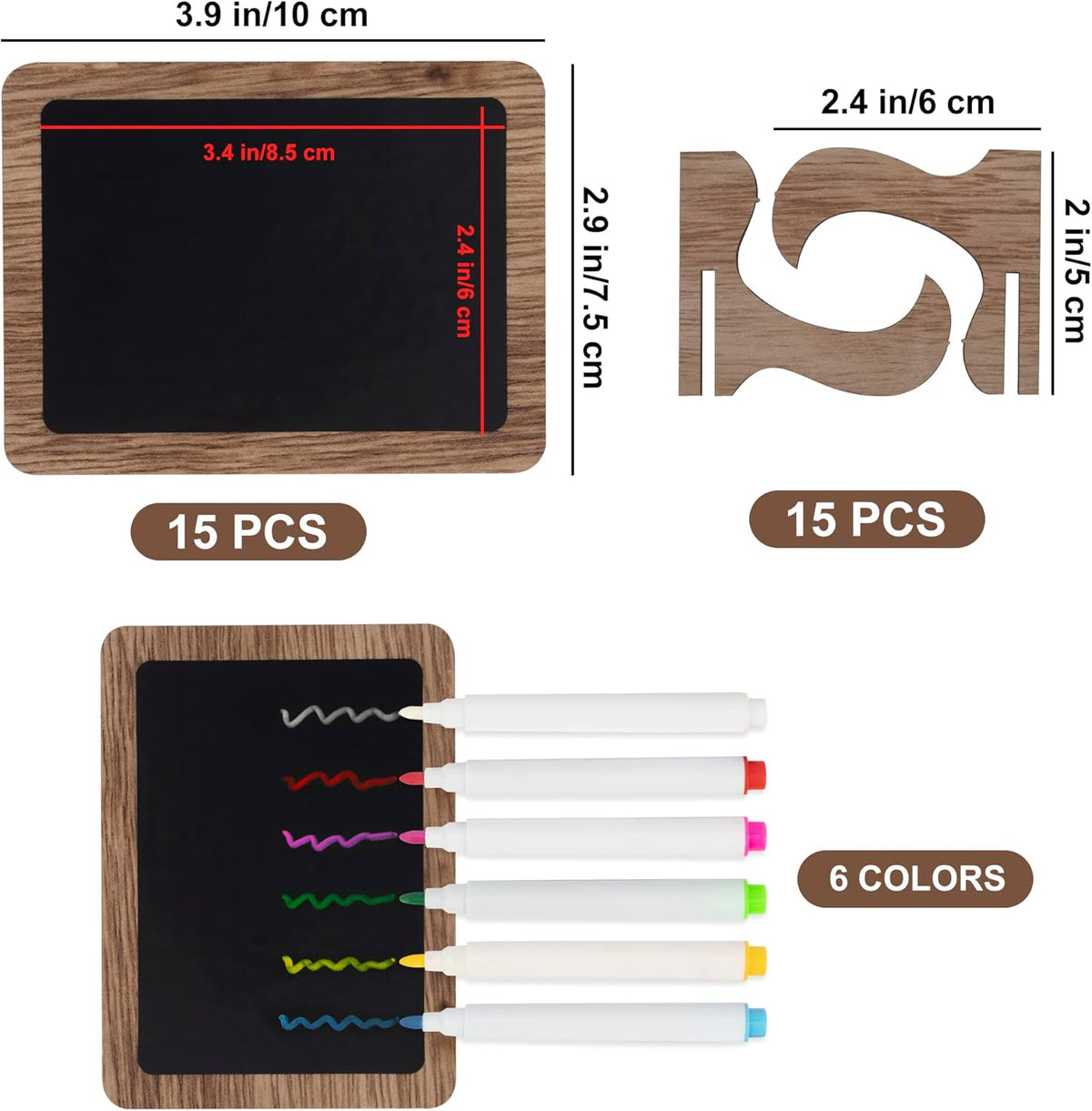 Temlum 15 Pcs Mini Chalkboard Sign with 6 Color Chalk Markers, 2.9″ x 3.9″ Wooden Blackboard