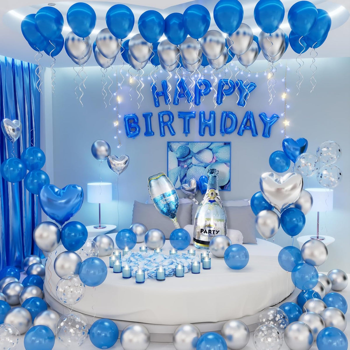 Blue Happy Birthday Decorations for Men Blue and Silver Biirthday Balloon Letters Banner with