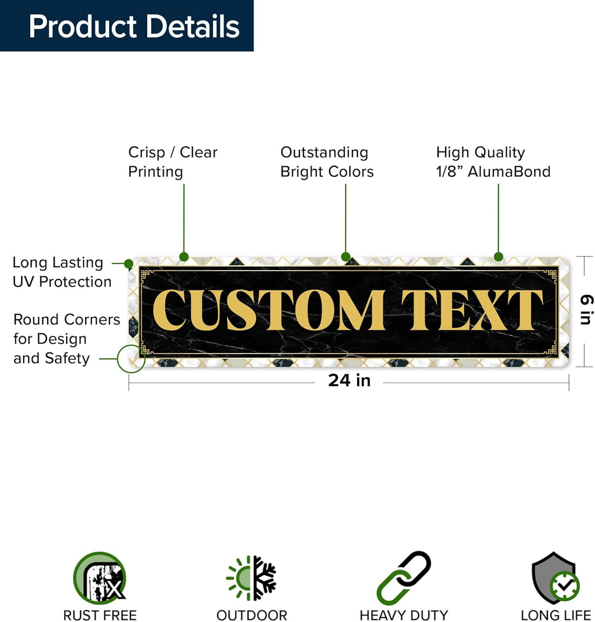 Custom Sign, Custom Street Sign, 11 Font Colors, 13 Font Styles, 4 Hole Options, 22 Sizes, 6x24