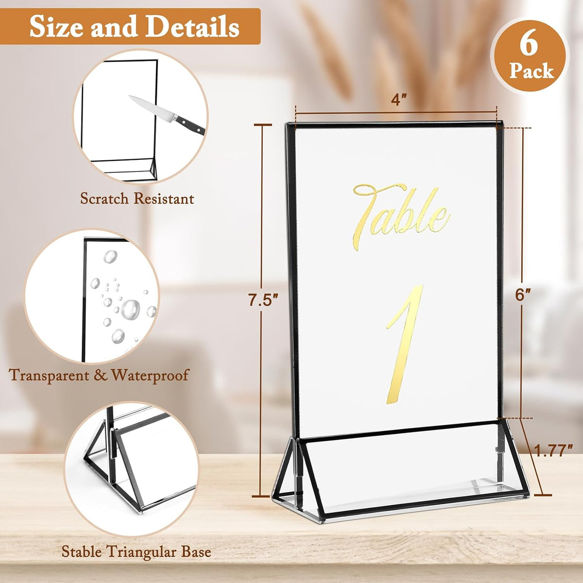 Floroom 6 Pack 4x6 Inch Clear Acrylic Sign Holders, Double-Sided Black Display Stand Picture Frames