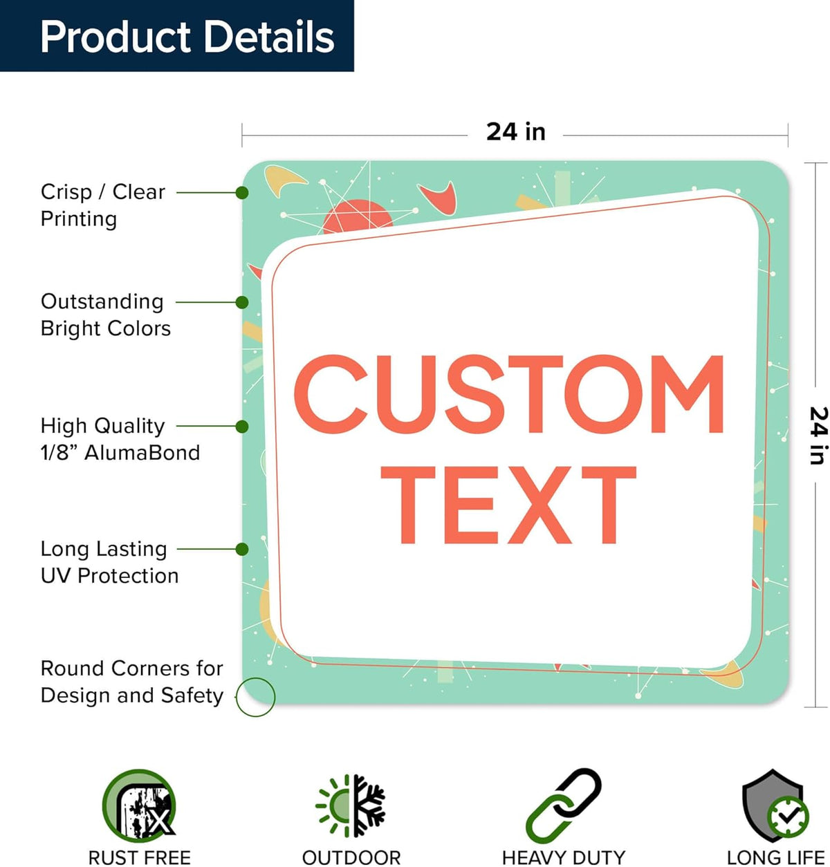Custom Sign, Custom Street Sign, 11 Font Colors, 13 Font Styles, 4 Hole Options, 22 Sizes, 24x24